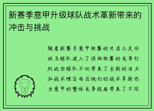 新赛季意甲升级球队战术革新带来的冲击与挑战