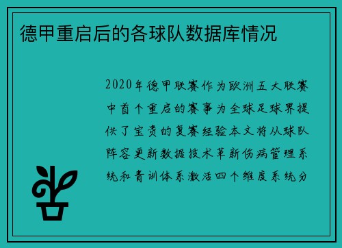 德甲重启后的各球队数据库情况