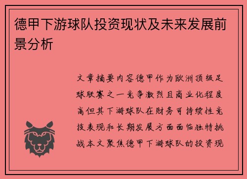 德甲下游球队投资现状及未来发展前景分析