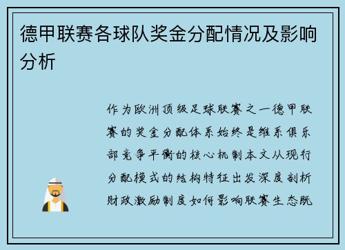 德甲联赛各球队奖金分配情况及影响分析