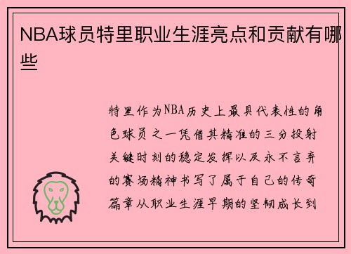 NBA球员特里职业生涯亮点和贡献有哪些